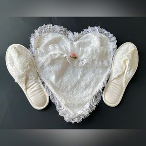 Woman’s Lace & Satin Slippers with Heart shaped case. Size 5.5-6.5 Color White